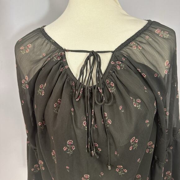 WHBM Whimsigoth Top Sheer Floral Bell Sleeve Peasant Boho Fairy Goth Vamp Green - Picture 8 of 11